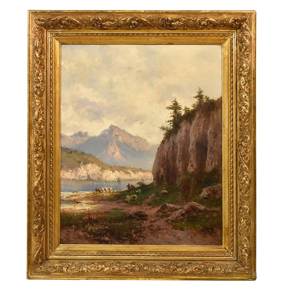  QUADRI PAESAGGI MONTAGNE E GREGGE, PITTURA AD OLIO SU TELA, DIPINTI ANTICHI DELL 800. (QP17)